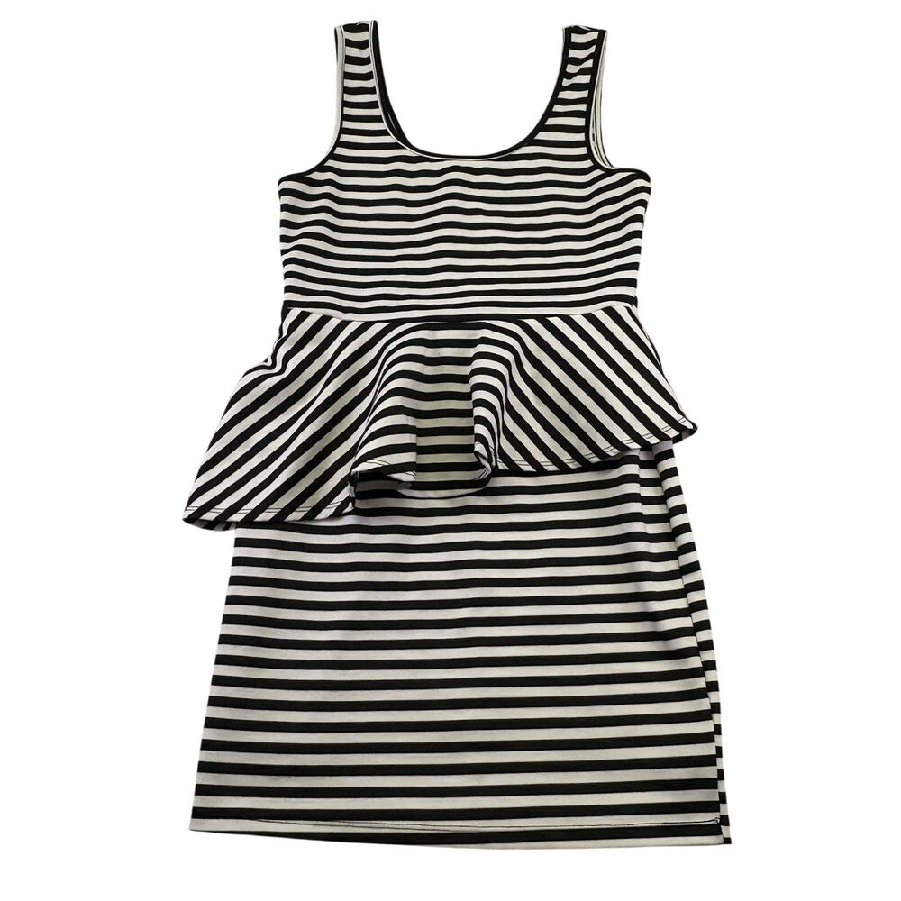 Living Doll Black White Striped Peplum Bodycon Sleeveless Mini Dress Size L